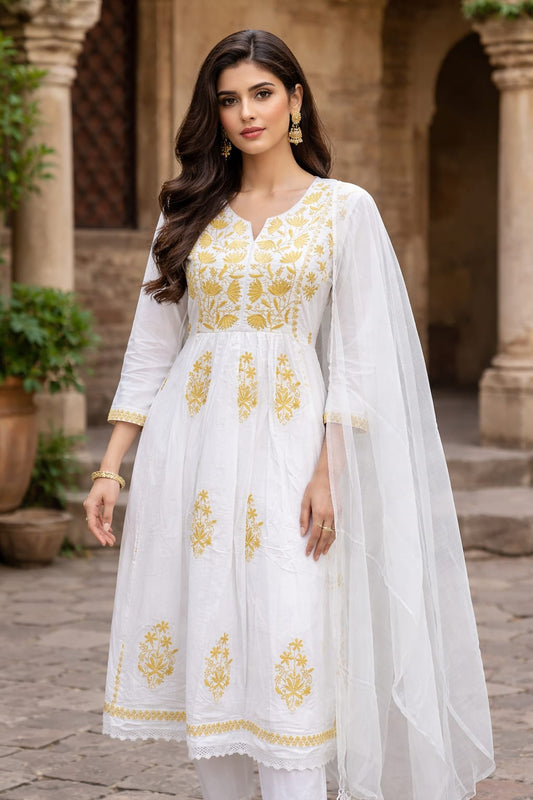 Elegant White & Gold Embroidered Anarkali Suit Set with Dupatta for Women
