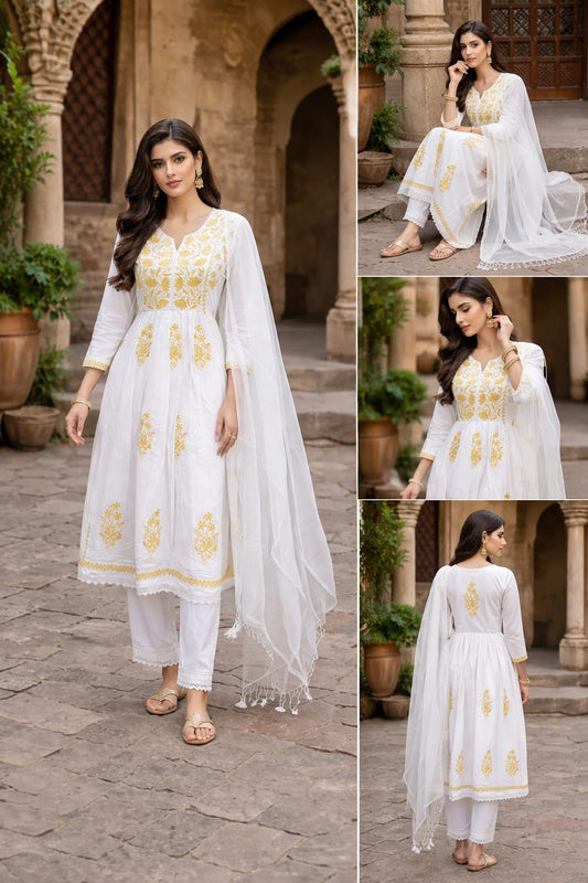 Elegant White & Gold Embroidered Anarkali Suit Set with Dupatta for Women