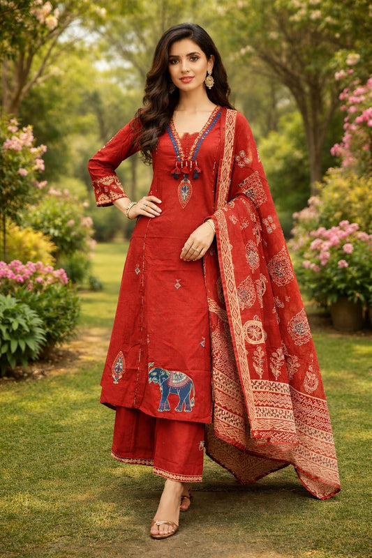 Elegant Rust Ethnic Kurta Set with Printed Dupatta & Tribal Motif Detailing