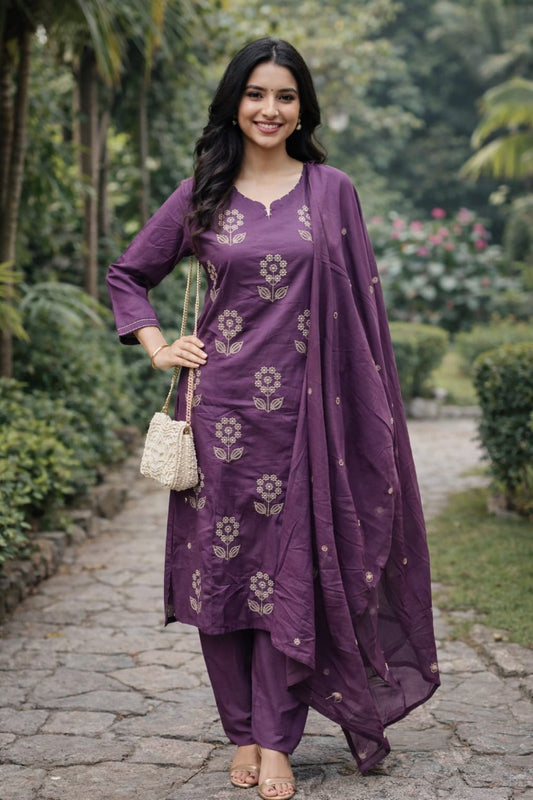 Elegant Purple Embroidered Kurta Set with Dupatta – Festive & Ethnic Wear for Women