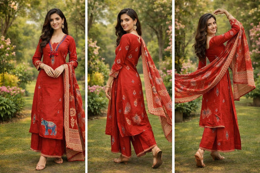 Elegant Rust Ethnic Kurta Set with Printed Dupatta & Tribal Motif Detailing