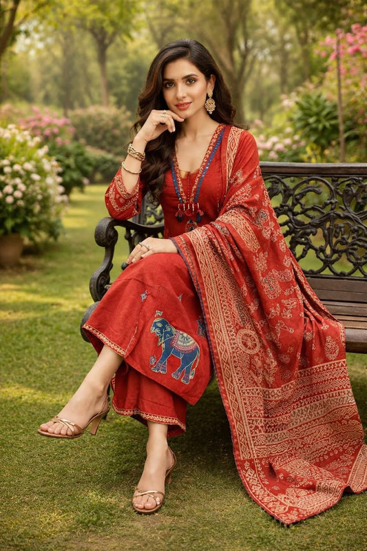 Elegant Rust Ethnic Kurta Set with Printed Dupatta & Tribal Motif Detailing