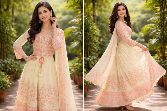 Elegant Cream pista Floral Anarkali Suit with Dupatta