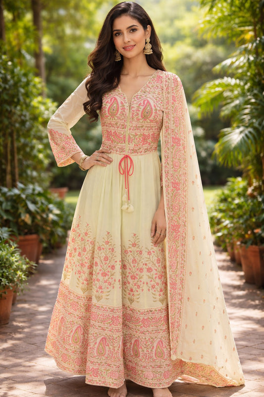 Elegant Cream pista Floral Anarkali Suit with Dupatta