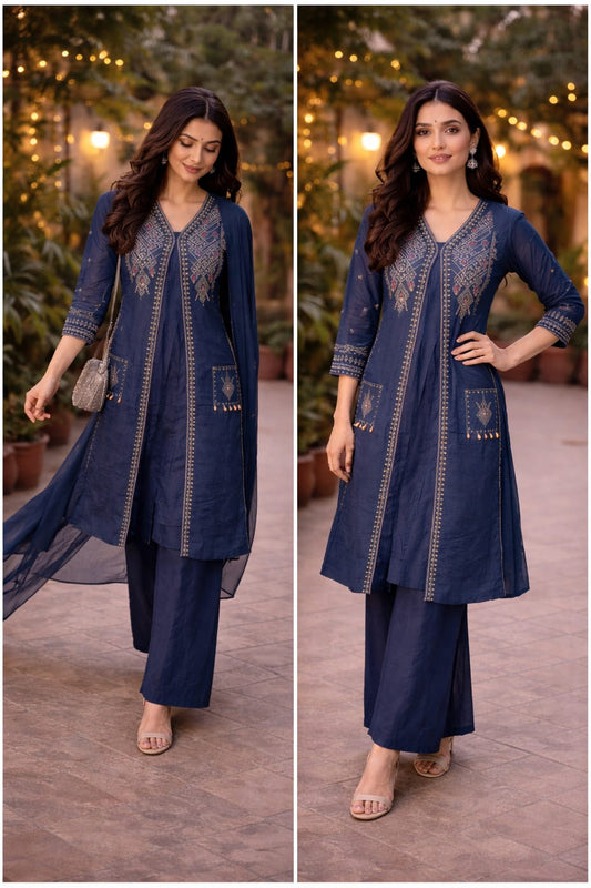 Elegant Navy Blue Embroidered Kurta Palazzo Set with Dupatta for Women Description:
