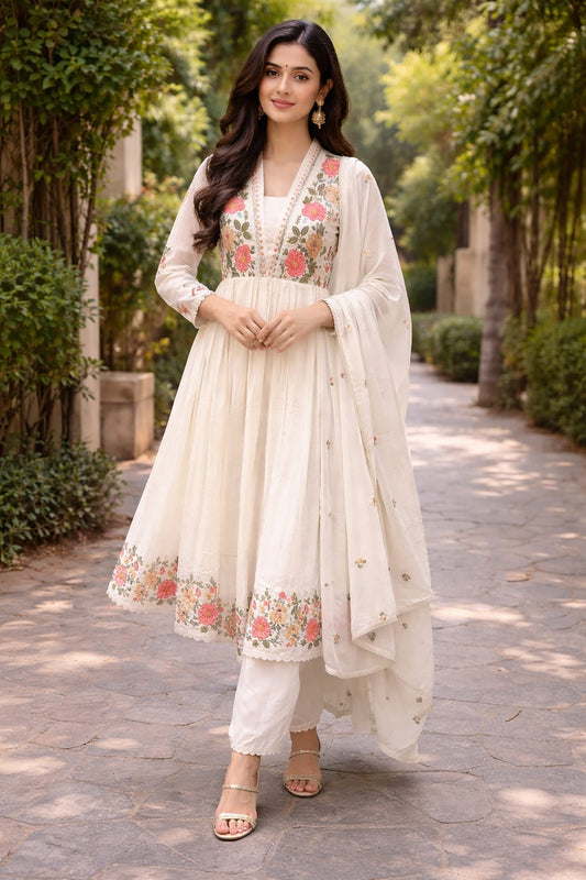 Elegant Off-White Floral Anarkali Look 🌸
