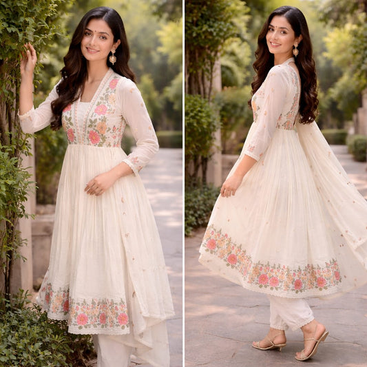 Elegant Off-White Floral Anarkali Look 🌸