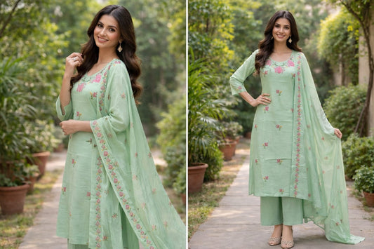 Elegant Mint Green Floral Kurta Set with Dupatta