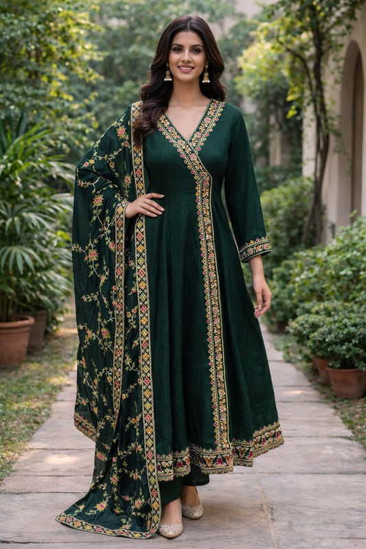 Elegant Dark Green Embroidered Anarkali Suit with Dupatta.................