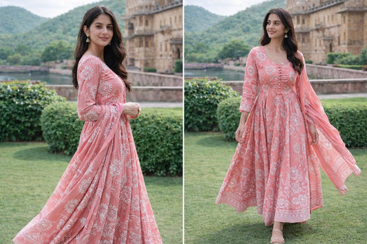 Elegant Pink Floral Anarkali Kurta Set..... with Dupatta – Ethnic Party Wear for Women