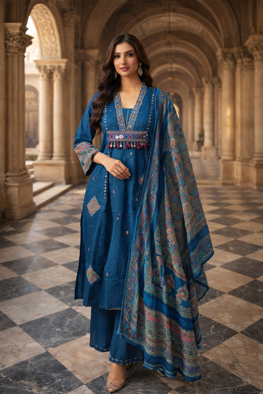 royal blue ethinc Kurta set with Elegent printed dupatta